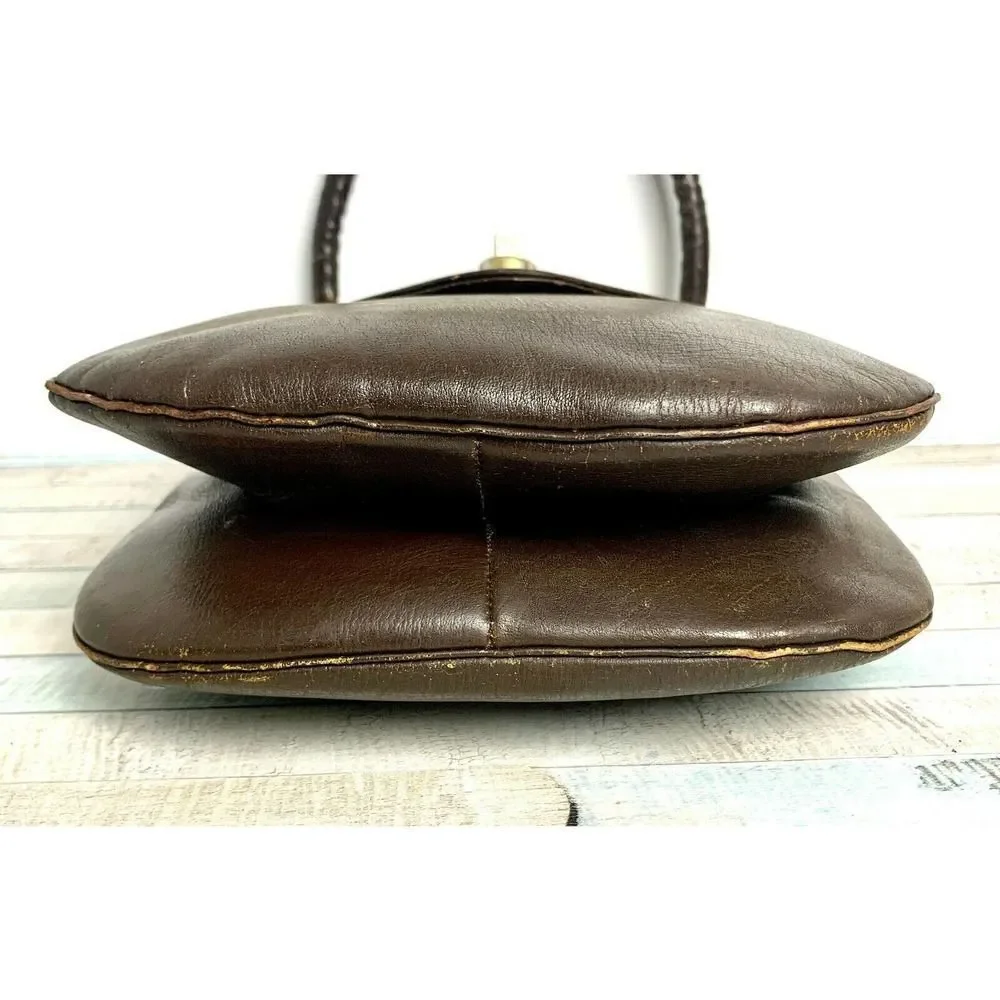 VINTAGE BROWN GENUINE LEATHER TURN LOCK FLAP TOP HANDLE HANDBAG PURSE